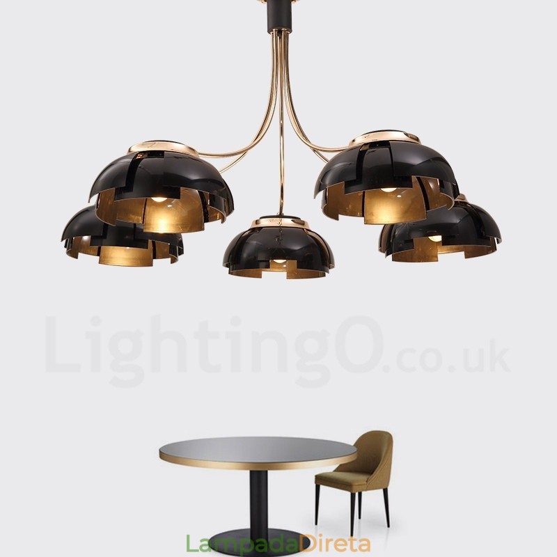Lustre moderno contemporâneo de aço com 5 luzes e cúpula de acrílico