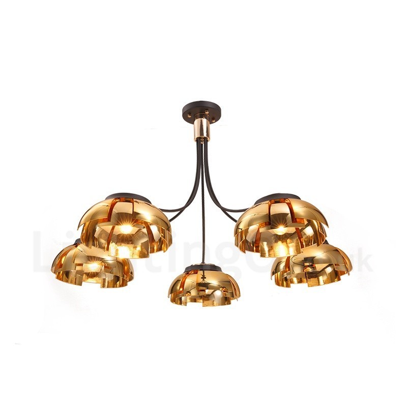Lustre moderno contemporâneo de aço com 5 luzes e cúpula de acrílico