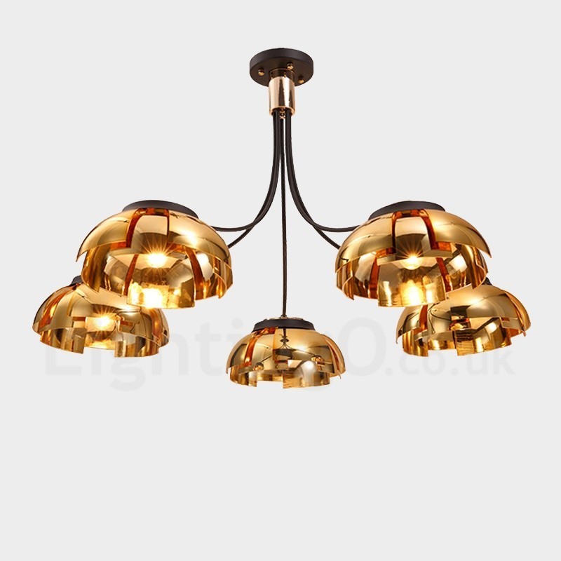 Lustre moderno contemporâneo de aço com 5 luzes e cúpula de acrílico