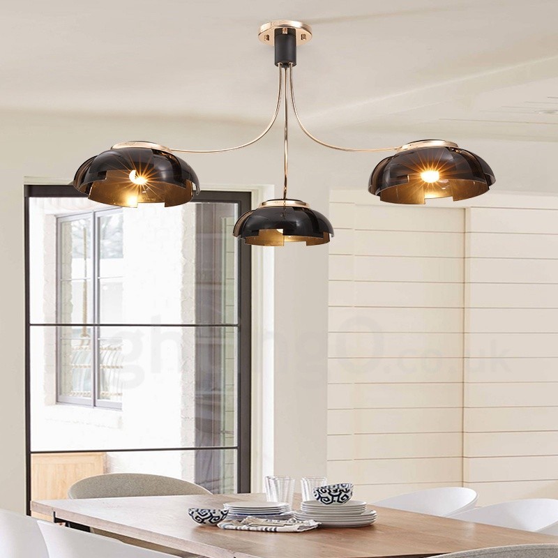 Lustre moderno contemporâneo de aço com 3 luzes e cúpula de acrílico
