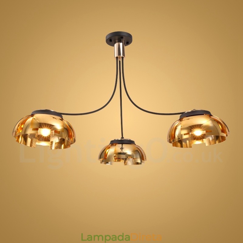 Lustre moderno contemporâneo de aço com 3 luzes e cúpula de acrílico