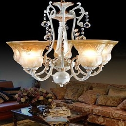 Lustre Branco Cinco Luzes Padrão Vidro Sombra Mão Dourado Europeu Retro Clássico