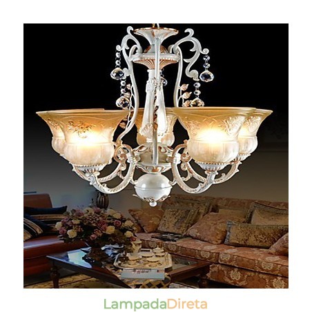 Lustre Branco Cinco Luzes Padrão Vidro Sombra Mão Dourado Europeu Retro Clássico Lustre Branco Cinco Luzes Padrão Vidro Sombra Mão Dourado Europeu Retro Clássico
