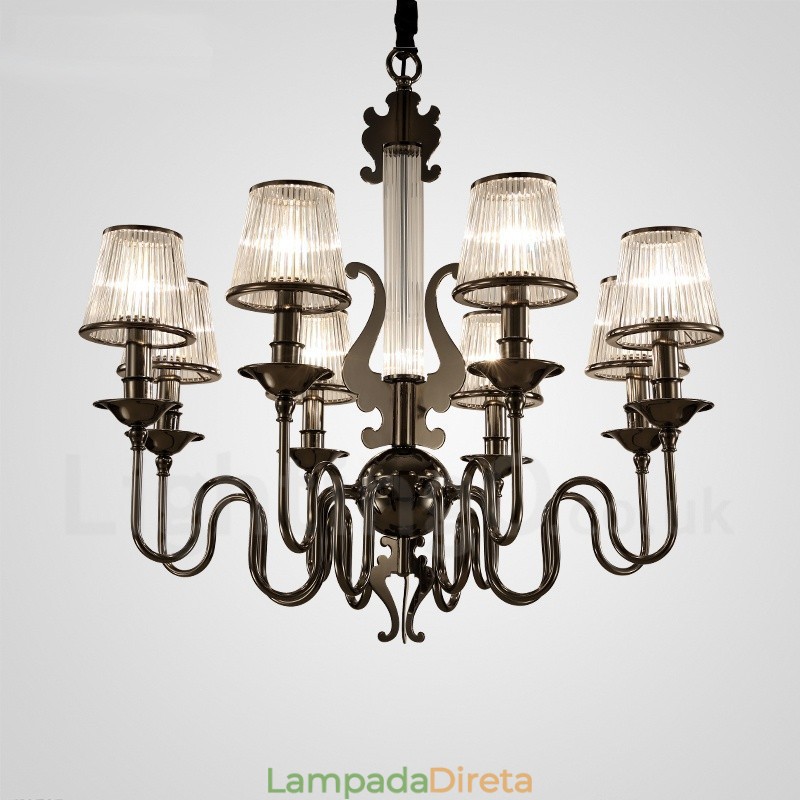 Lustre moderno contemporâneo de aço com 8 luzes e cúpula de acrílico