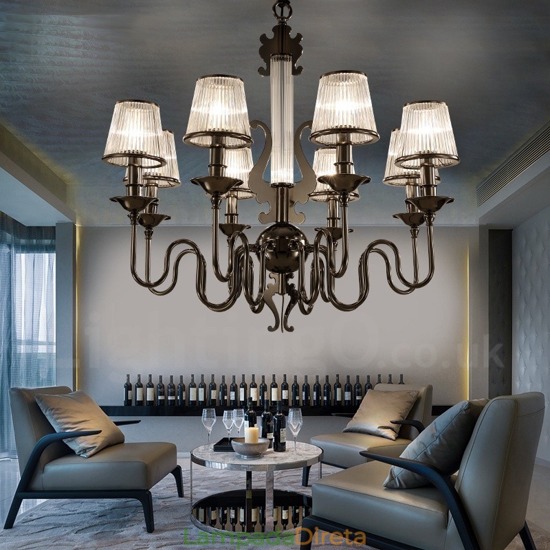 Lustre moderno contemporâneo de aço com 8 luzes e cúpula de acrílico