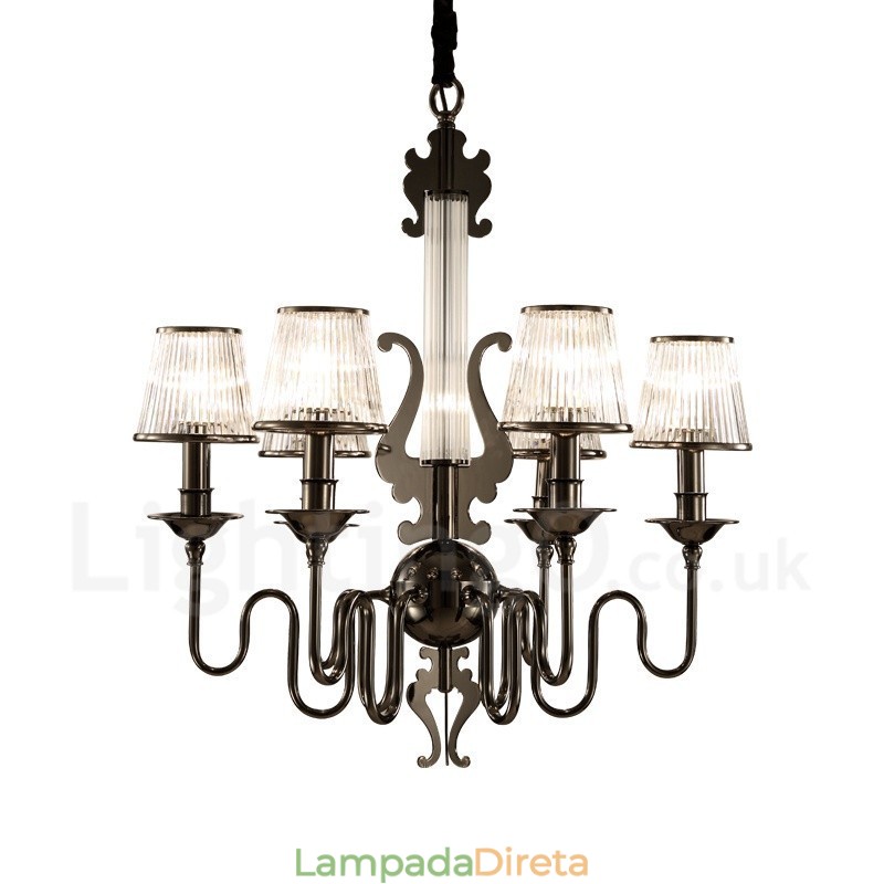 Lustre moderno contemporâneo de aço com 6 luzes e cúpula de acrílico