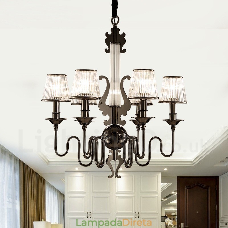 Lustre moderno contemporâneo de aço com 6 luzes e cúpula de acrílico