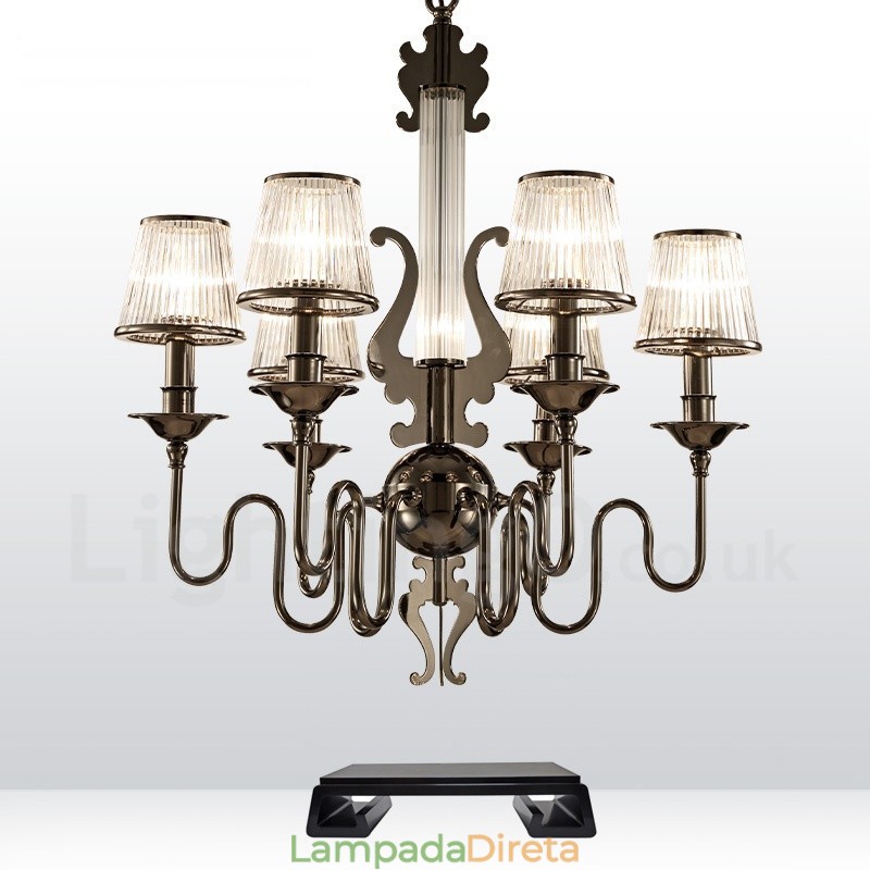 Lustre moderno contemporâneo de aço com 6 luzes e cúpula de acrílico