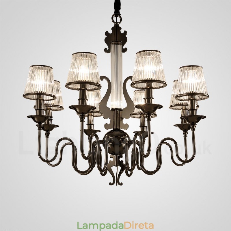 Lustre moderno contemporâneo de aço com 15 luzes e cúpula de acrílico
