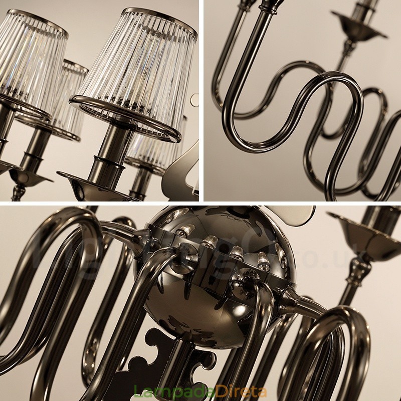 Lustre moderno contemporâneo de aço com 15 luzes e cúpula de acrílico