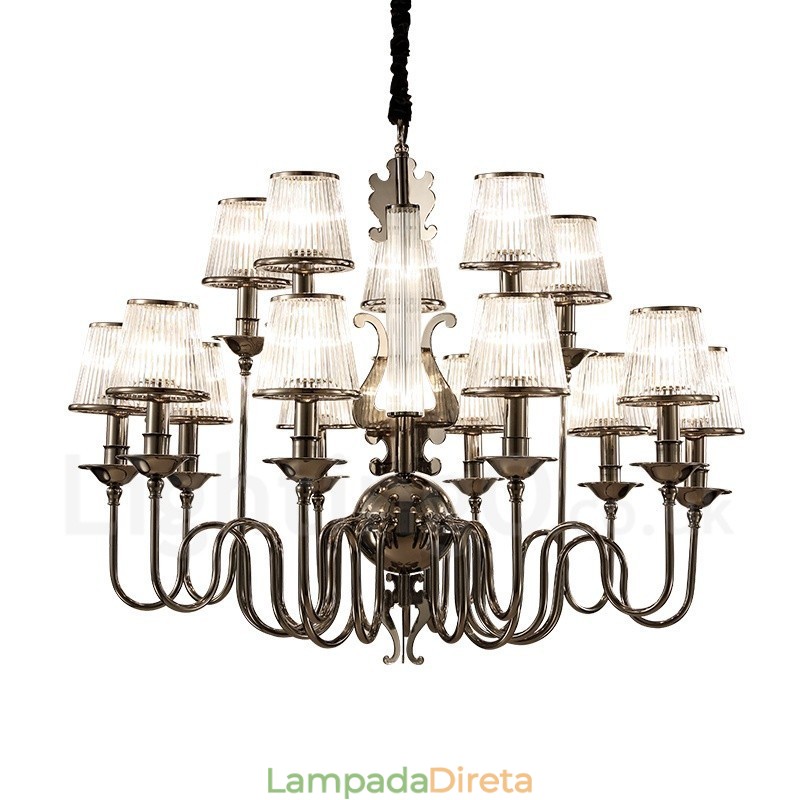 Lustre moderno contemporâneo de aço com 15 luzes e cúpula de acrílico