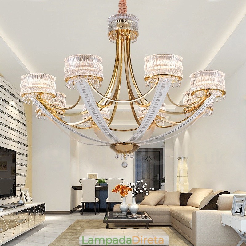 Lustre moderno contemporâneo de aço com 8 luzes e cúpula de cristal