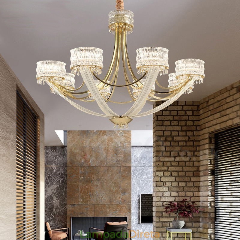 Lustre moderno contemporâneo de aço com 8 luzes e cúpula de cristal