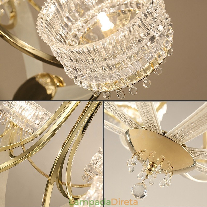 Lustre moderno contemporâneo de aço com 8 luzes e cúpula de cristal