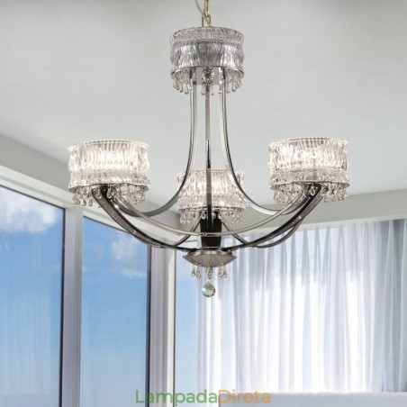 Lustre moderno contemporâneo de aço com 3 luzes e cúpula de cristal Lustre moderno contemporâneo de aço com 3 luzes e cúpula de cristal