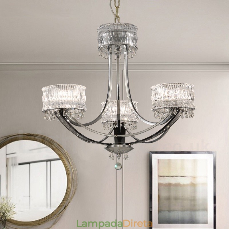 Lustre moderno contemporâneo de aço com 3 luzes e cúpula de cristal
