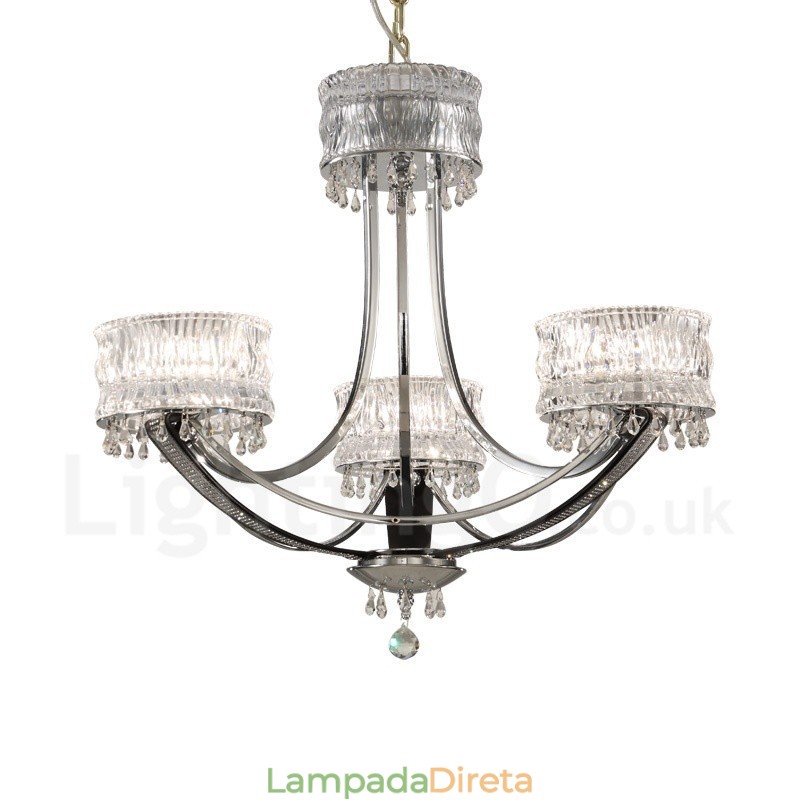 Lustre moderno contemporâneo de aço com 3 luzes e cúpula de cristal