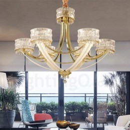 Lustre moderno contemporâneo de aço com 6 luzes e cúpula de cristal