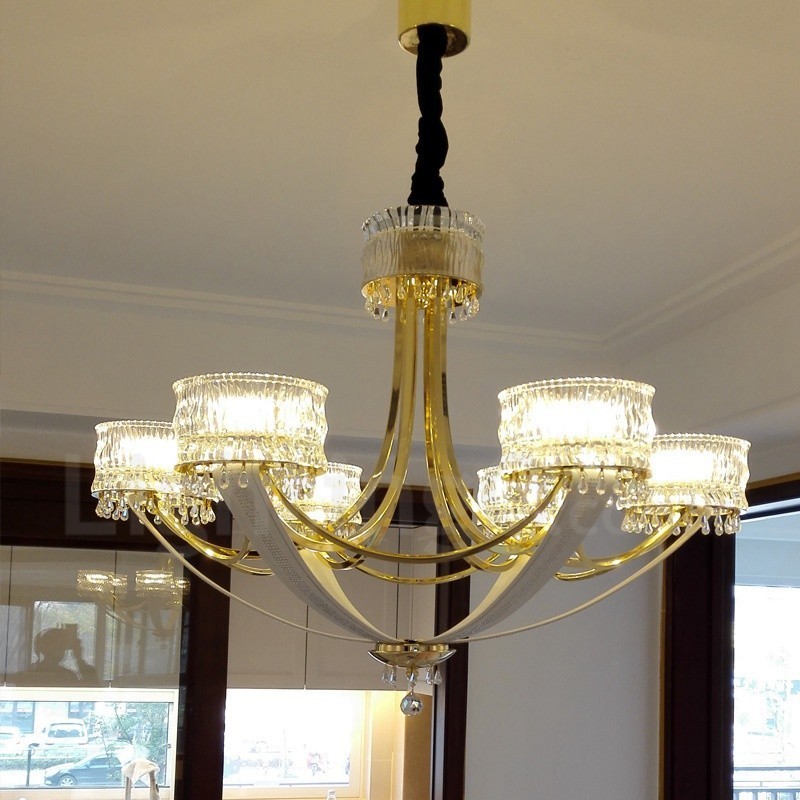 Lustre moderno contemporâneo de aço com 6 luzes e cúpula de cristal