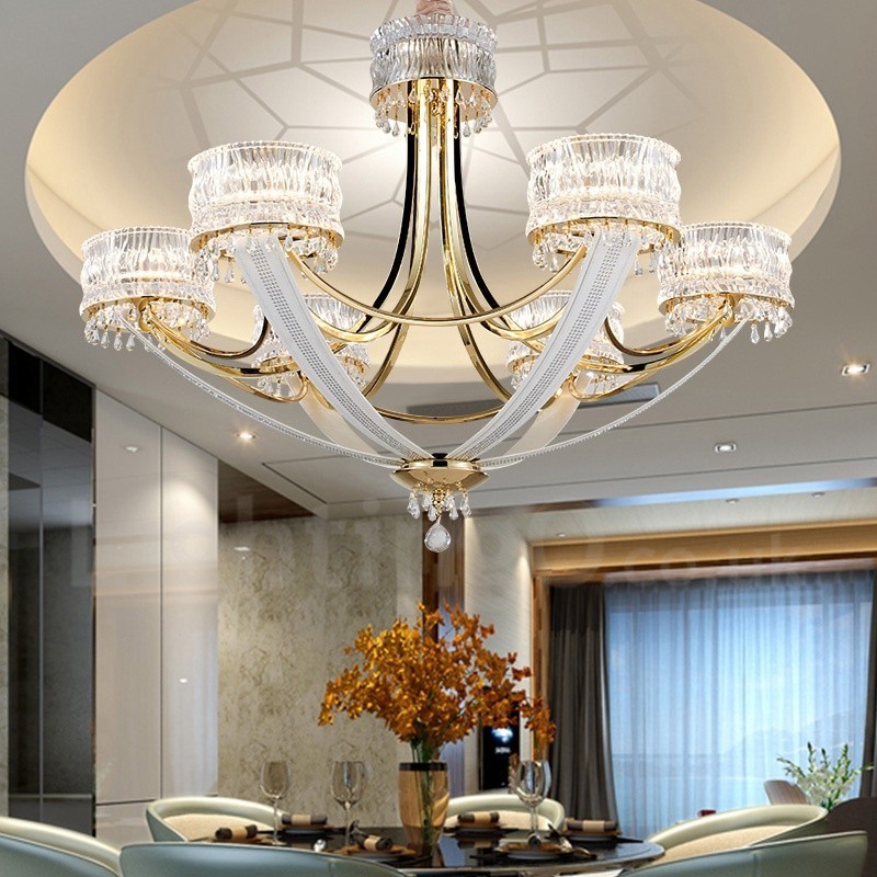 Lustre moderno contemporâneo de aço com 6 luzes e cúpula de cristal