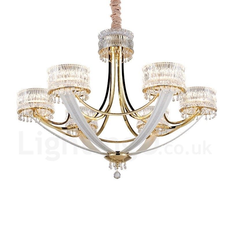 Lustre moderno contemporâneo de aço com 6 luzes e cúpula de cristal