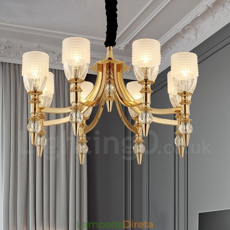 Lustre de aço mediterrâneo de 8 luzes com cúpula de vidro