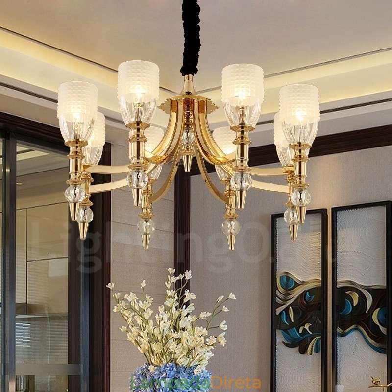 Lustre de aço mediterrâneo de 8 luzes com cúpula de vidro