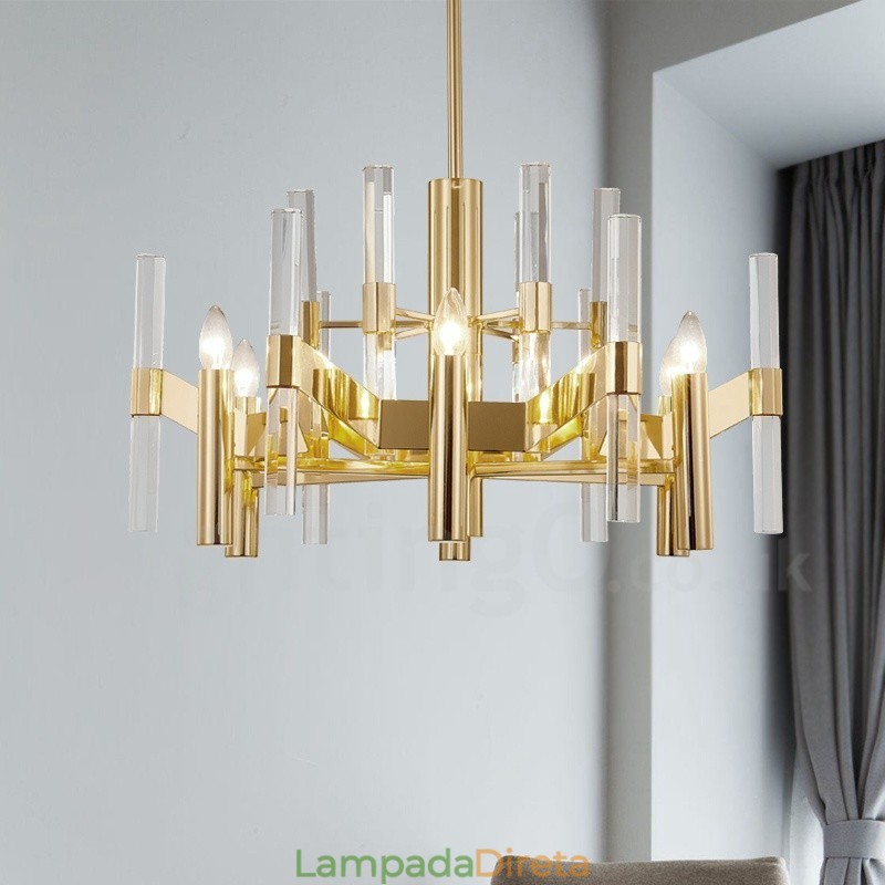 Lustre de metal moderno e contemporâneo de 8 luzes com cúpula de cristal