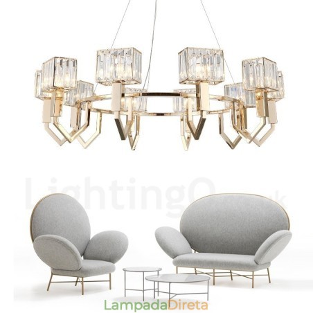 Luminária pendente moderna contemporânea de aço com 10 luzes e cúpula de cristal Luminária pendente moderna contemporânea de aço com 10 luzes e cúpula de cristal