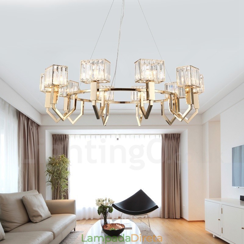 Luminária pendente moderna contemporânea de aço com 10 luzes e cúpula de cristal