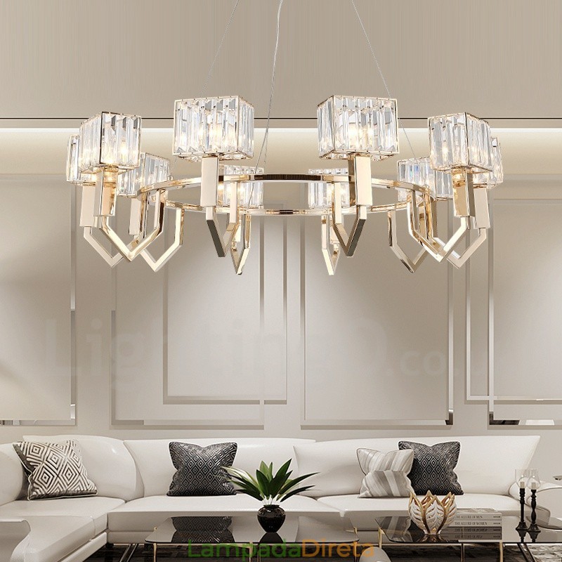 Luminária pendente moderna contemporânea de aço com 10 luzes e cúpula de cristal