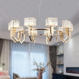 Luminária pendente moderna contemporânea de aço com 10 luzes e cúpula de cristal