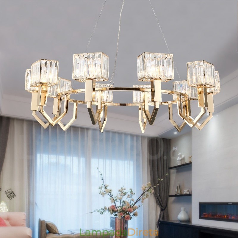 Luminária pendente moderna contemporânea de aço com 10 luzes e cúpula de cristal