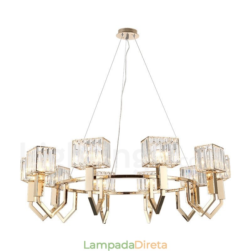 Luminária pendente moderna contemporânea de aço com 10 luzes e cúpula de cristal
