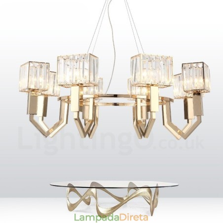 Luminária pendente moderna contemporânea de aço com 8 luzes e cúpula de cristal Luminária pendente moderna contemporânea de aço com 8 luzes e cúpula de cristal