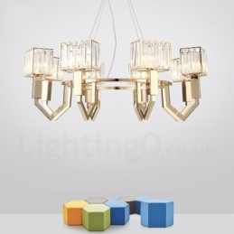 Luminária pendente moderna contemporânea de aço com 8 luzes e cúpula de cristal