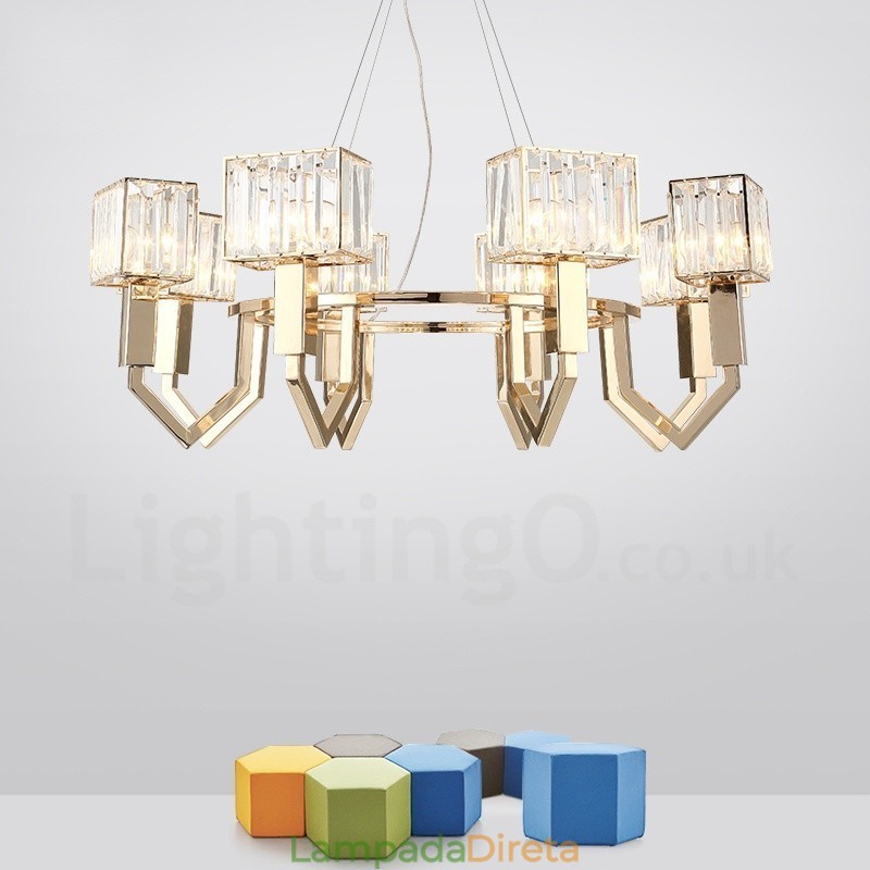 Luminária pendente moderna contemporânea de aço com 8 luzes e cúpula de cristal