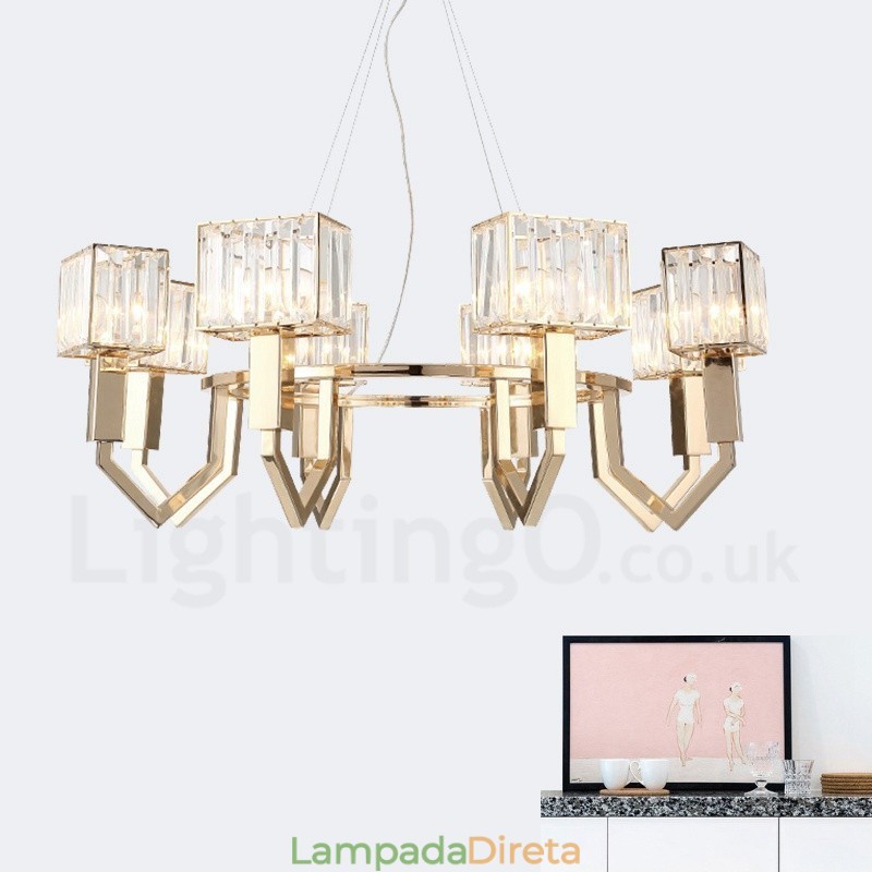 Luminária pendente moderna contemporânea de aço com 8 luzes e cúpula de cristal
