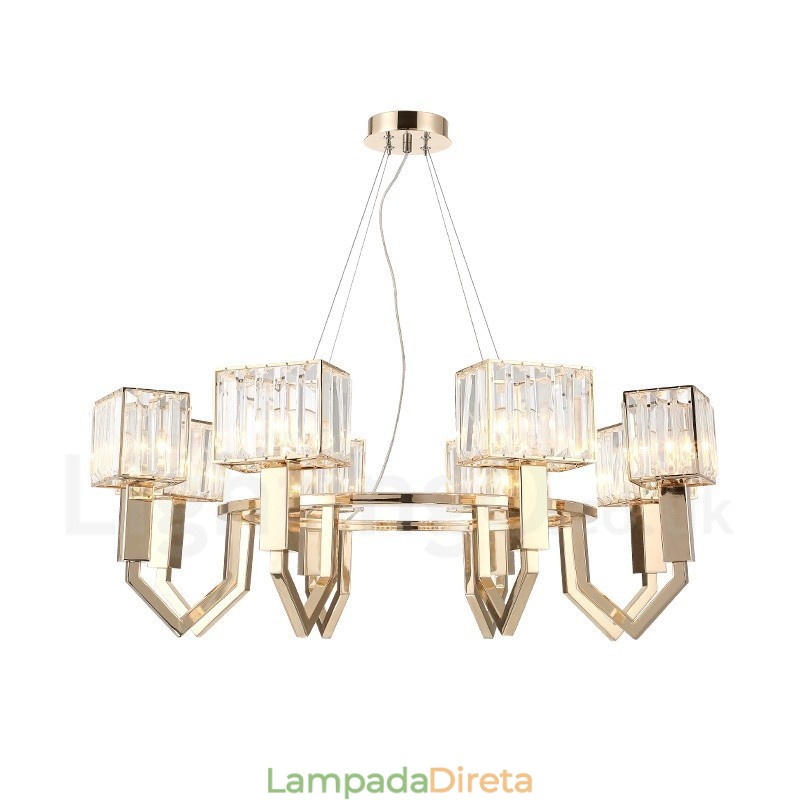 Luminária pendente moderna contemporânea de aço com 8 luzes e cúpula de cristal