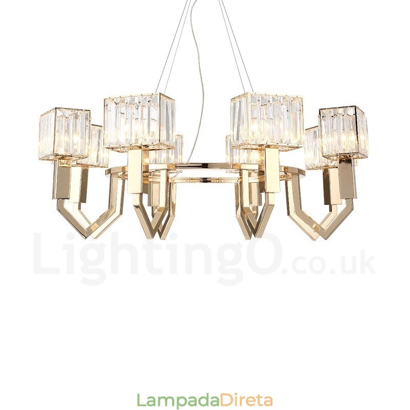 Luminária pendente moderna contemporânea de aço com 8 luzes e cúpula de cristal