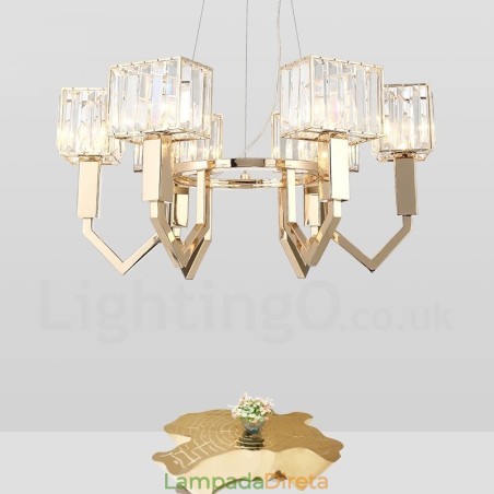 Luminária pendente moderna contemporânea de aço com 6 luzes e cúpula de cristal Luminária pendente moderna contemporânea de aço com 6 luzes e cúpula de cristal