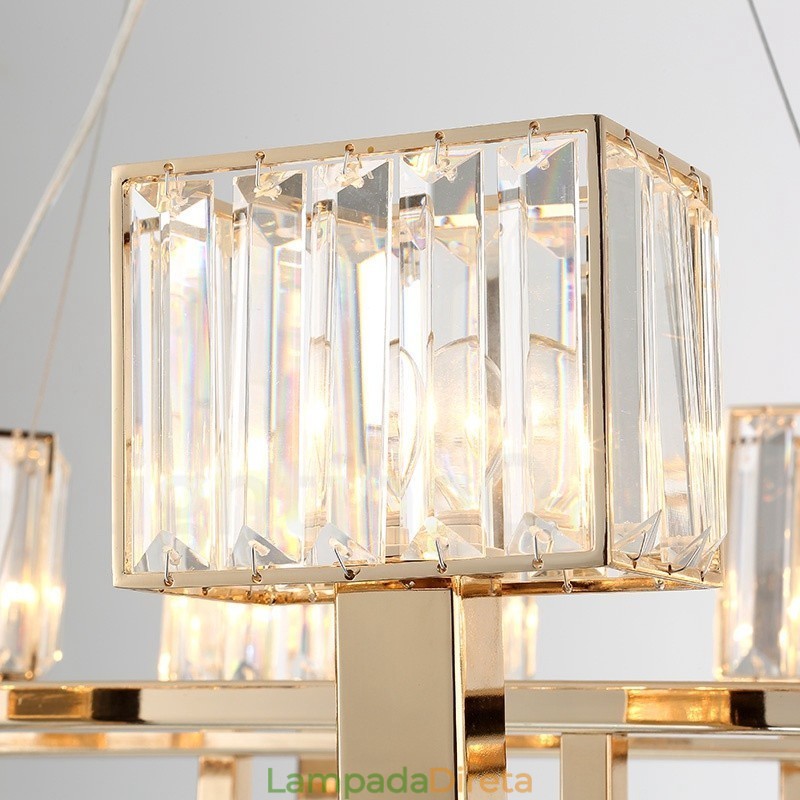 Luminária pendente moderna contemporânea de aço com 6 luzes e cúpula de cristal