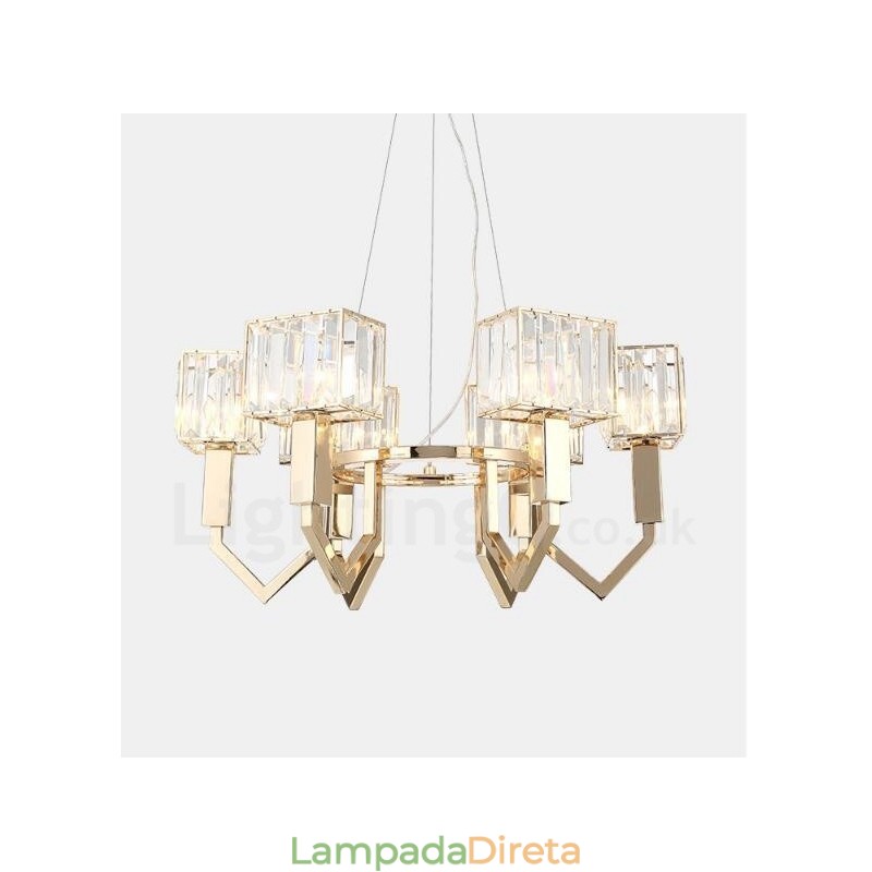 Luminária pendente moderna contemporânea de aço com 6 luzes e cúpula de cristal