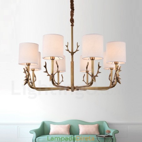 Lustre rústico de latão com 8 luzes e cúpula de tecido Lustre rústico de latão com 8 luzes e cúpula de tecido