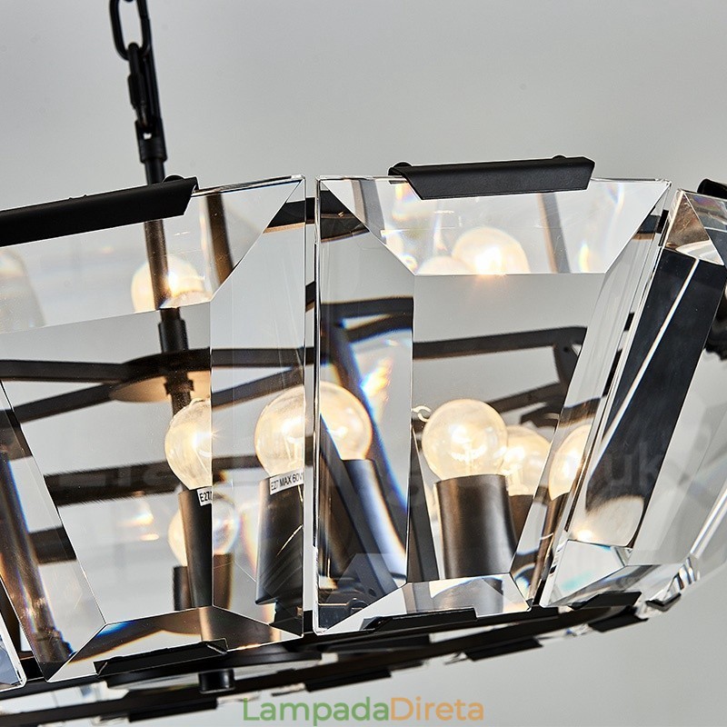 Luminária pendente moderna contemporânea de aço com 8 luzes e cúpula de cristal