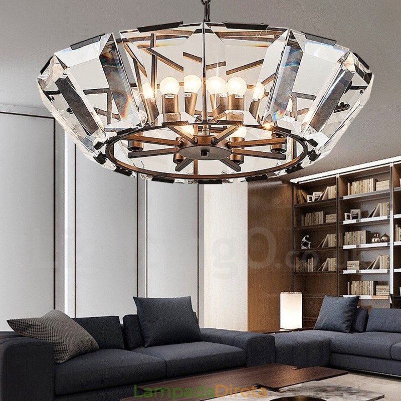 Luminária pendente moderna contemporânea de aço com 8 luzes e cúpula de cristal