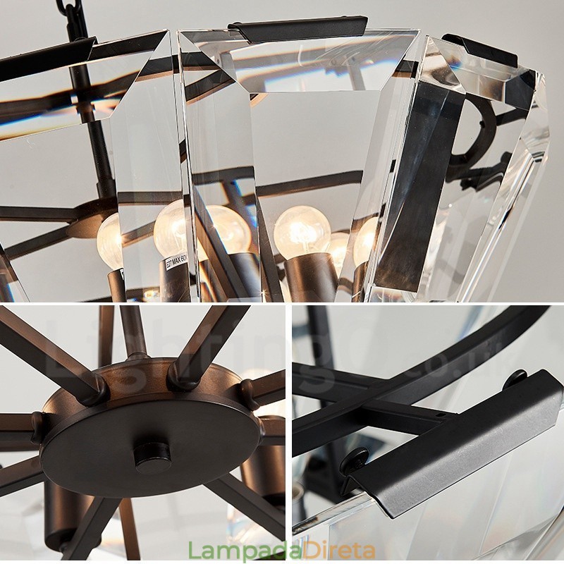Luminária pendente moderna contemporânea de aço com 8 luzes e cúpula de cristal