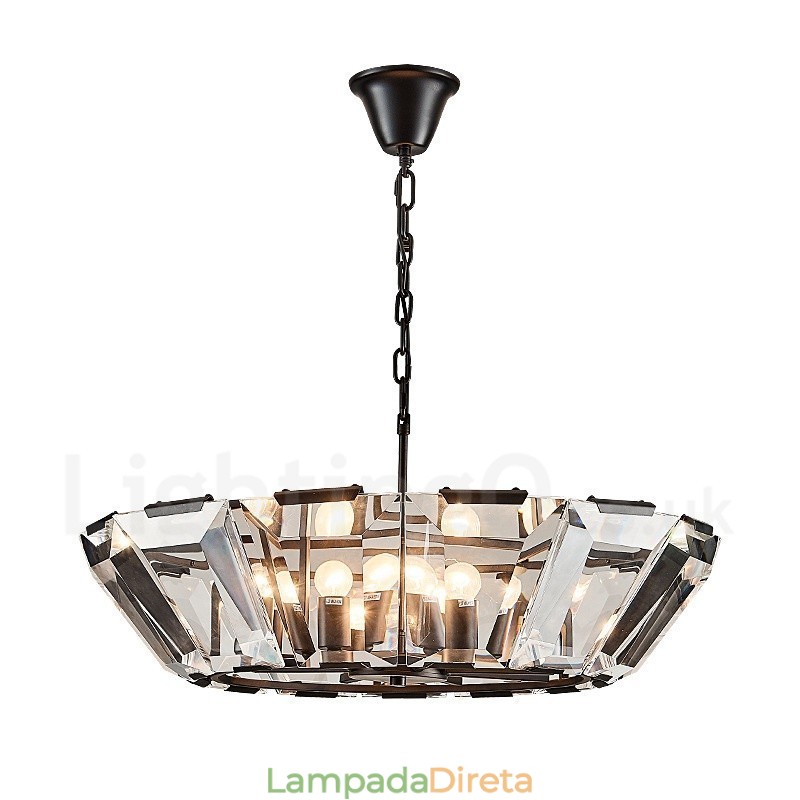 Luminária pendente moderna contemporânea de aço com 8 luzes e cúpula de cristal
