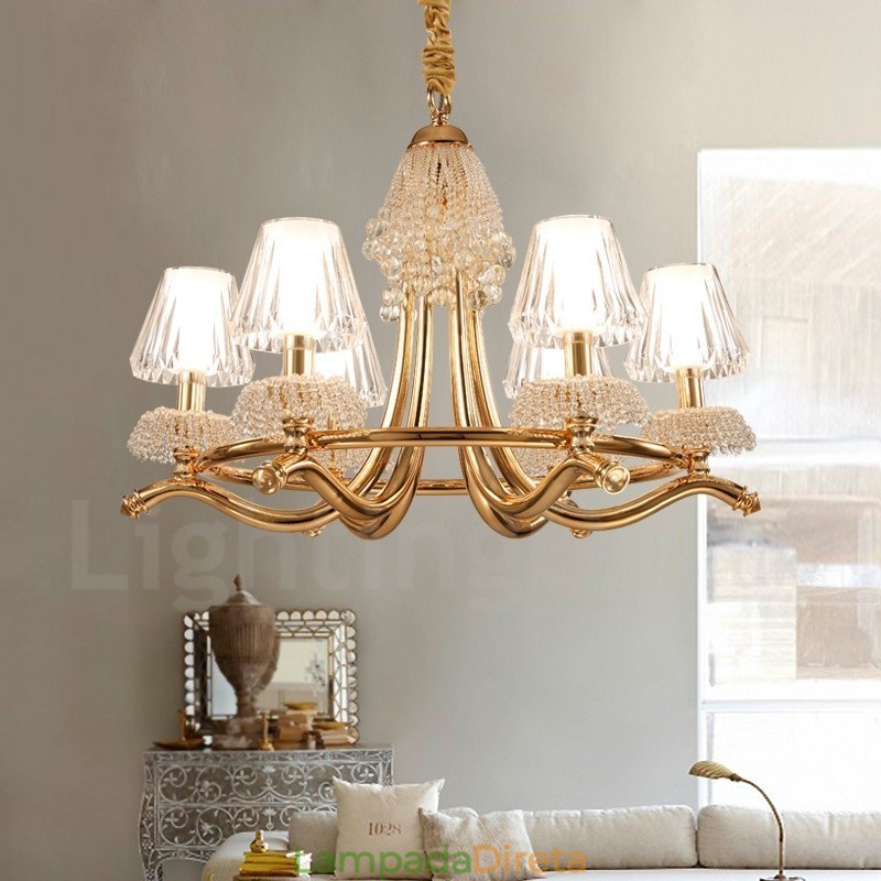 Lustre moderno contemporâneo de aço de cristal de 6 luzes com cúpula de acrílico