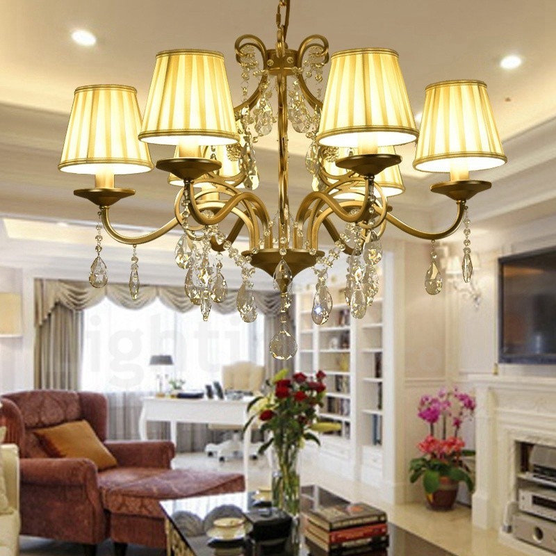 Lustre de cristal de aço rústico Lodge 8 luzes com cúpula de tecido